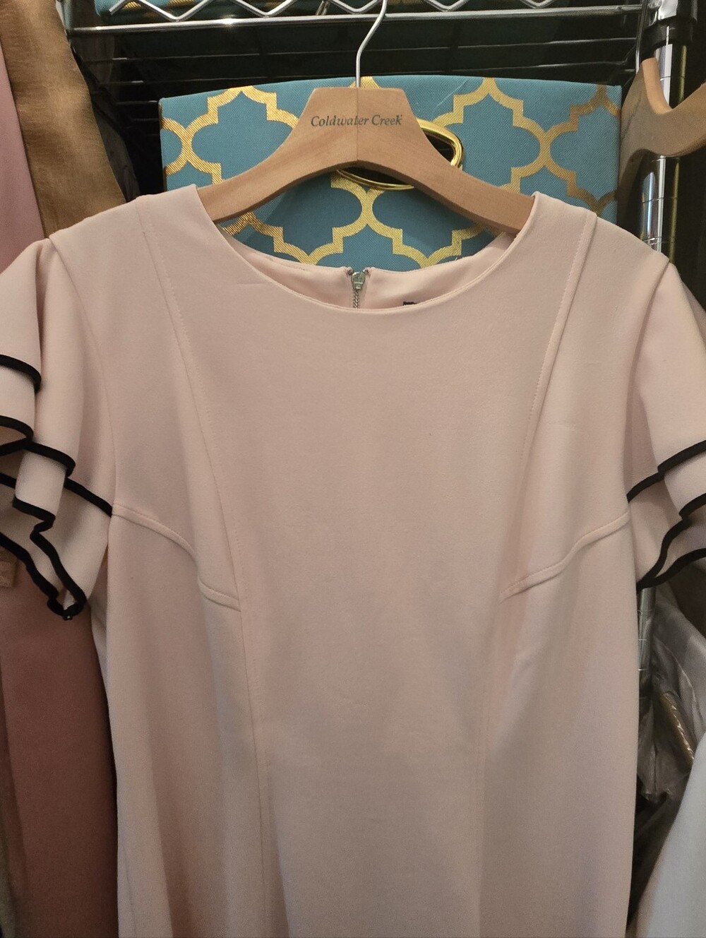 Beautiful Tommy Hilfiger Light Blush Dress with Black-Trim Ruffle Sleeves